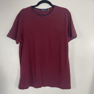 Polo Ralph Lauren Men’s Burgundy Crewneck T-Shirt Navy Collar And Logo Size M